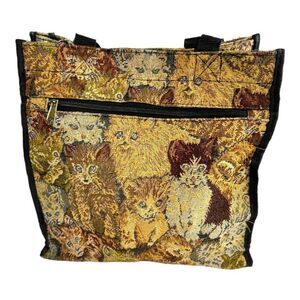 Vintage Large Tapestry Cat Print Tote Bag With Zipper & Handles Shopping Bag